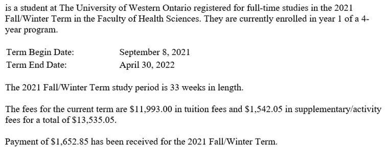 Statement of current fees or past fees paid