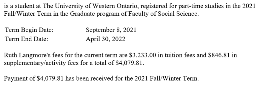 Statement of current fees or past fees paid for GRAD term