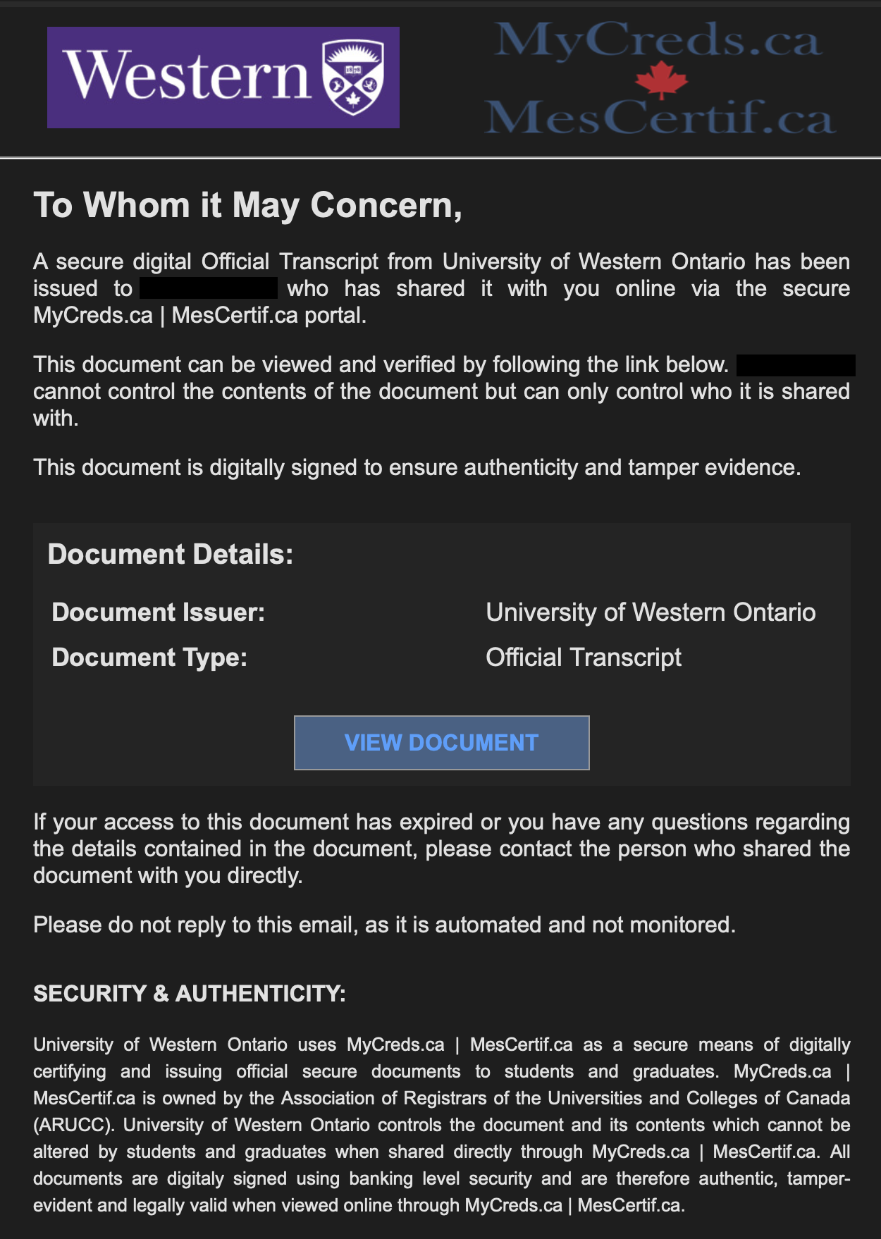A screenshot of an email the recipient of a MyCreds transcript will recieve